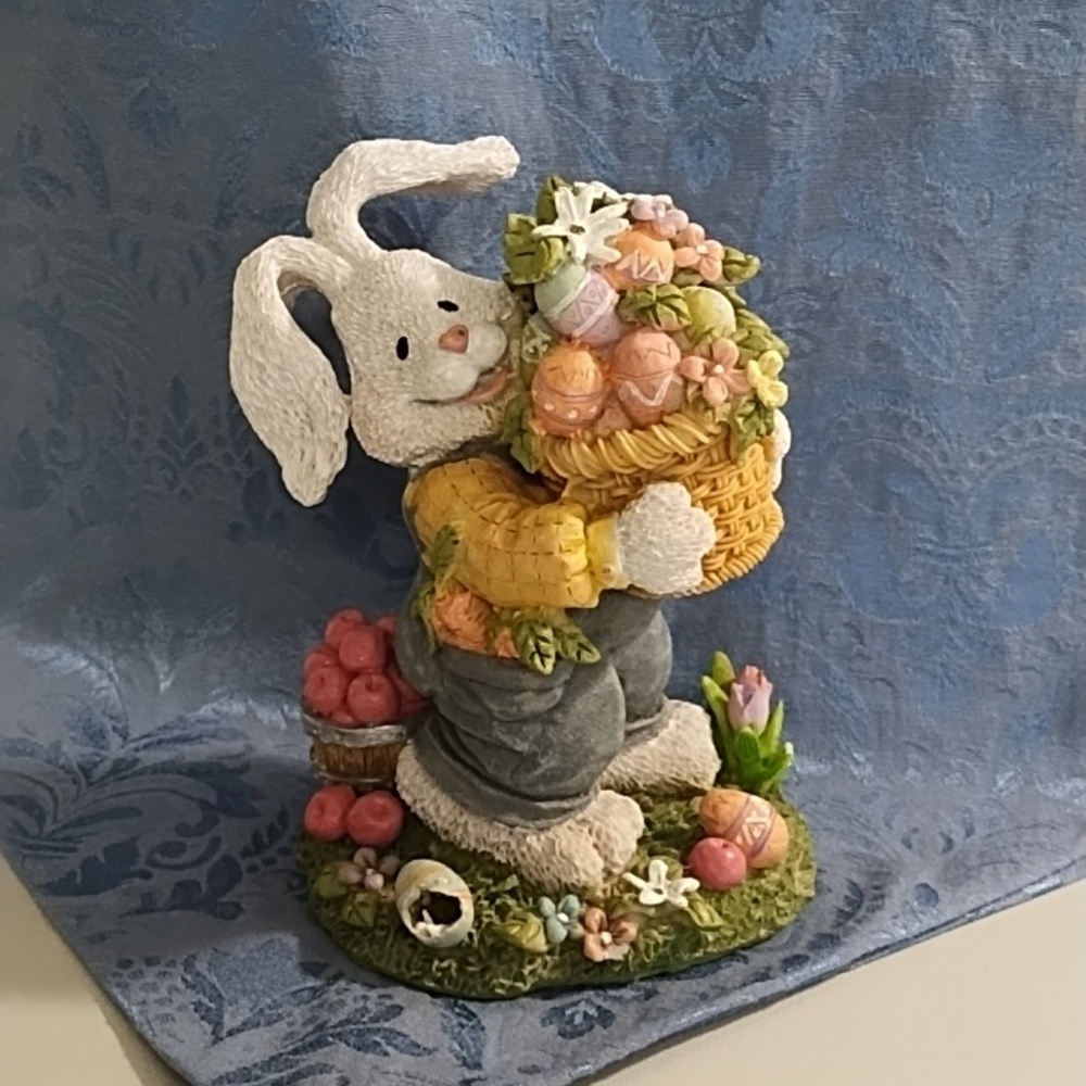 Charming Easter Scape Bunny Figurine & Blue Table Runner 70" L X 13" W